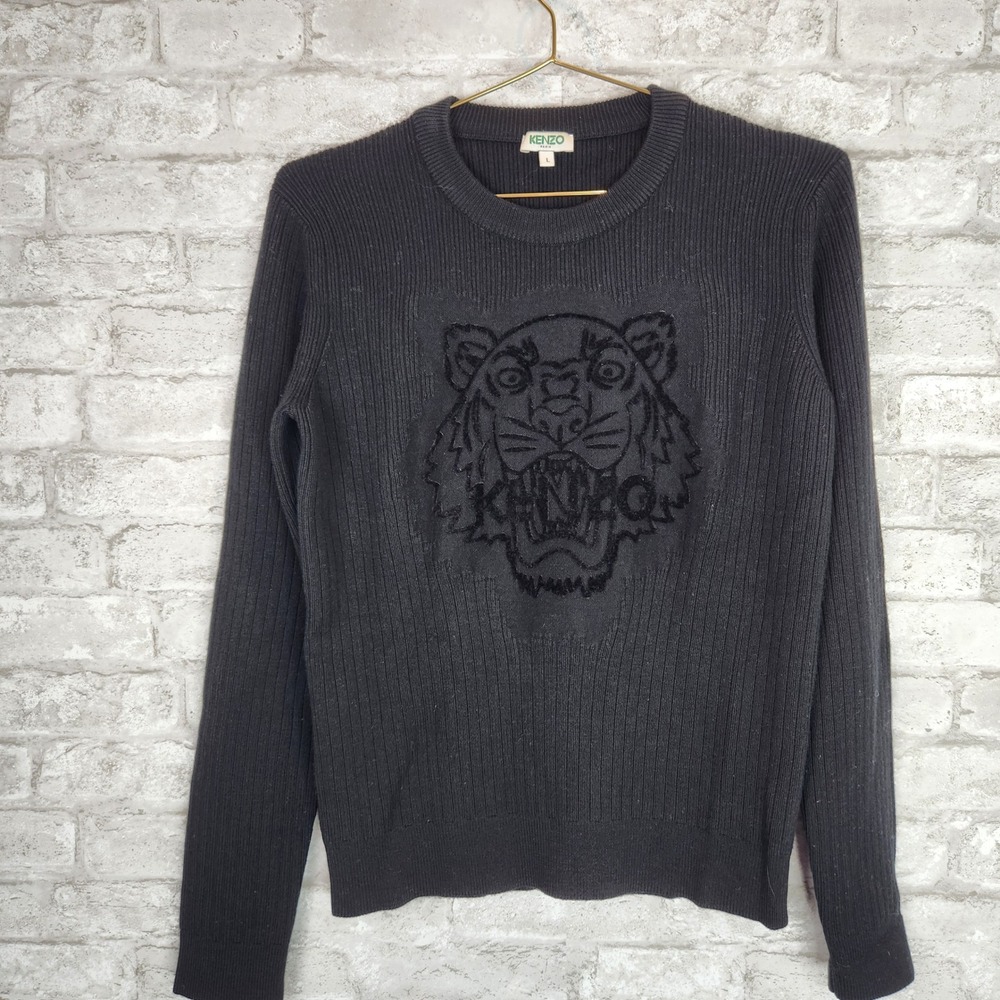 Kenzo Sweater Tiger Head Ribbed Knit 100% Wool Designer Black L